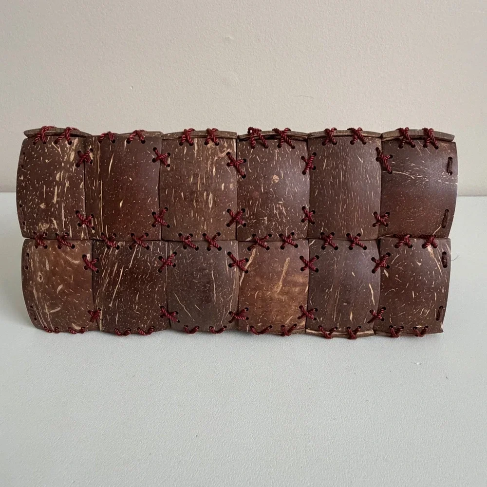 VR Collections Handmade Coconut Shell Bag Boho Checkered Beaded Handle Brown Tan